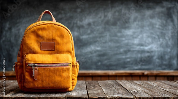 Fototapeta Bright Yellow School Backpack Placed on Rustic Wooden Table in Front of a Chalkboard in a Classic Classroom Setting