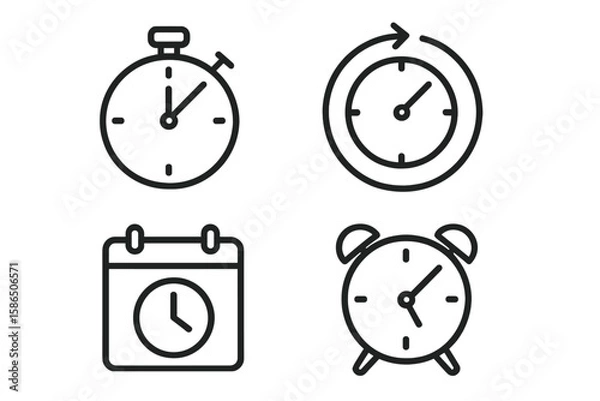Fototapeta Minimalist Line Art Time and Clock Icon Set — Stopwatch, Timer, Calendar, Countdown, Alarm, Time Management, Speed Recovery, Simple Clock and Watch Symbols for Web and App UI
