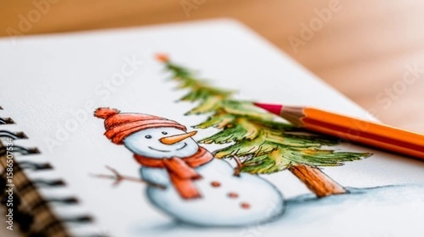 Fototapeta Snowman and Christmas tree drawing with colored pencil on sketchbook  