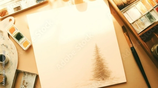 Fototapeta Painting materials with watercolor palette and blank canvas on table  