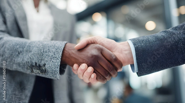 Fototapeta Professional interracial handshake between confident business partners in a modern corporate setting