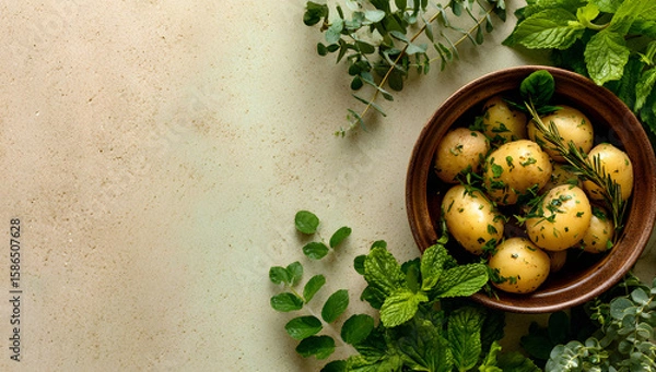 Fototapeta Rustic Bowl of Baby Potatoes Garnished with Fresh Herbs Like Mint and Rosemary on a Light Textured Surface
