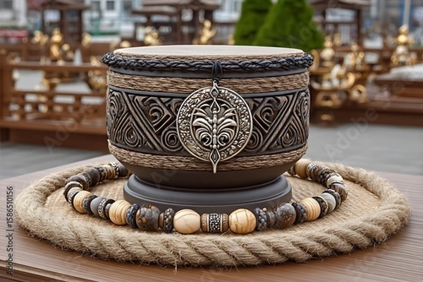 Fototapeta Decorative Ethnic Drum Surrounded By Beads high resolution image
