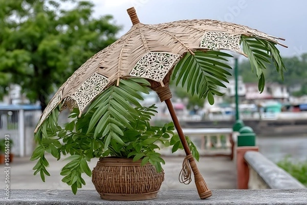 Fototapeta Decorative umbrella handcrafted using palm fibers high resolution picture