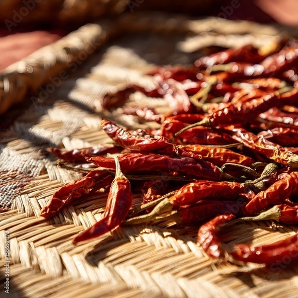 Fototapeta Dried red chilies on woven mat high resolution picture