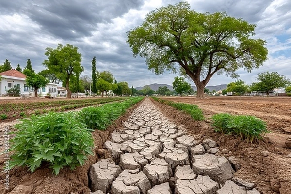 Fototapeta Dry farmland with cracked soil between rows high resolution picture