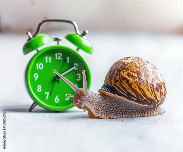 Obraz A brown snail crawls beside a bright green alarm clock on a white surface, symbolizing slowness, time, and patience in a minimal, quirky composition.
