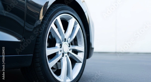 Fototapeta Sleek automobile wheel with silver spokes against a modern backdrop.
