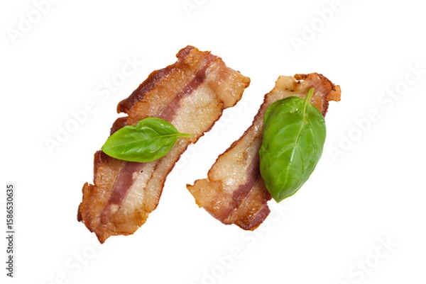 Fototapeta a bacon and basil leaf on a white surface