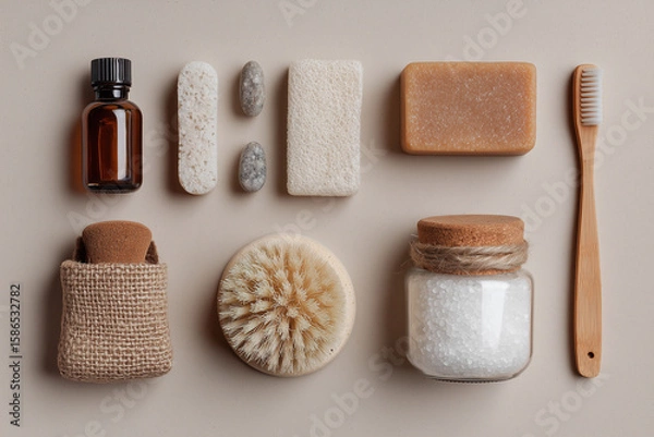 Fototapeta A collection of personal care items including a toothbrush, soap