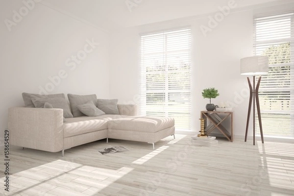 Fototapeta White modern room with sofa. Scandinavian interior design. 3D illustration