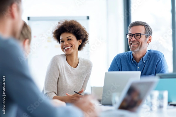 Fototapeta Meeting of Minds: Capture a candid business meeting, showing the dynamic of professional exchange, the warmth of collaboration, and the vibrant energy of shared insight.