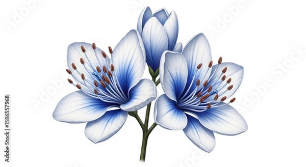 Obraz Delicate blue and white petal flowers with brown stamens and a single drop of water isolated on transparent background