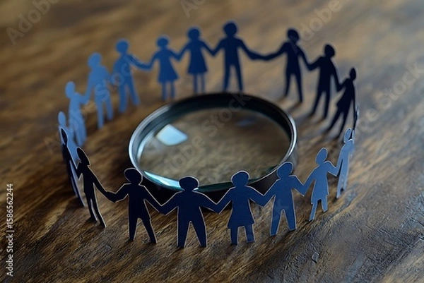 Fototapeta Magnifying family connections with paper cut-out figures holding hands in a circle on a wooden surface