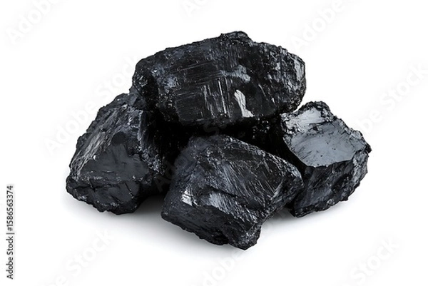 Fototapeta A high-quality close-up image of various coal pieces stacked against a pure white background, showcasing texture and natural form