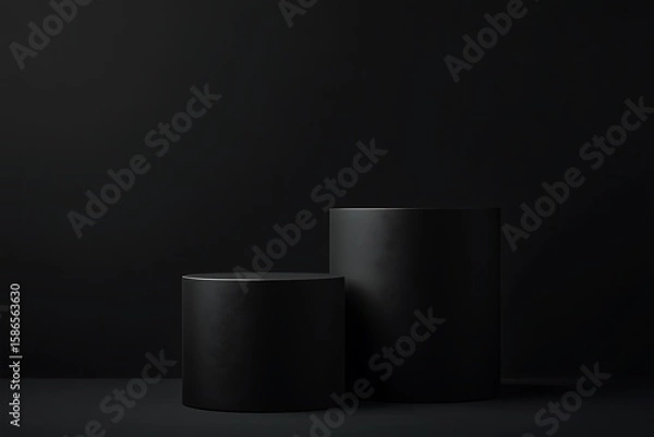 Fototapeta A minimalist studio shot featuring two tall, cylindrical black podiums against a completely dark backdrop, emphasizing simplicity and elegance