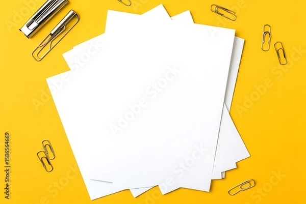 Fototapeta Flat lay of blank white papers with paperclips arranged on a vibrant yellow background