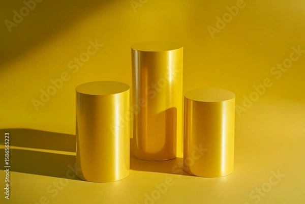 Fototapeta Three glossy, golden-yellow cylinder podiums arranged in a staggered formation against a vibrant yellow backdrop, creating an elegant display