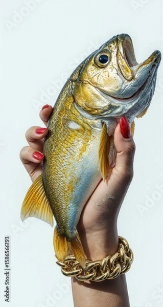Obraz A hand with red nails and a gold bracelet holds a shiny golden fish upright against a light background, blending fashion, nature, and contrast in a bold, surreal composition.