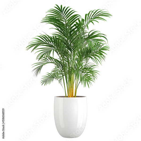 Fototapeta Elegant areca palm in a white pot against a sleek black background creates tranquility