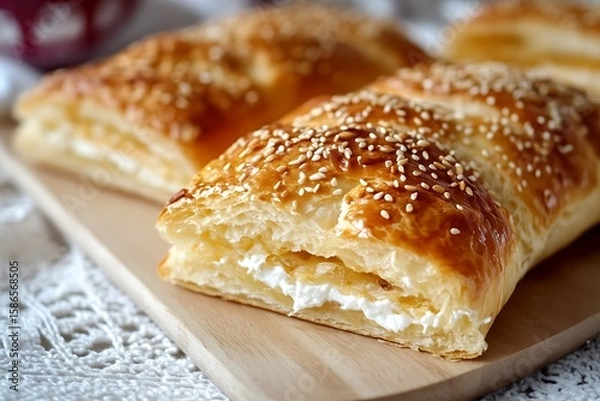 Fototapeta Close-up of flaky puff pastry filled with creamy cheese filling, ready to eat