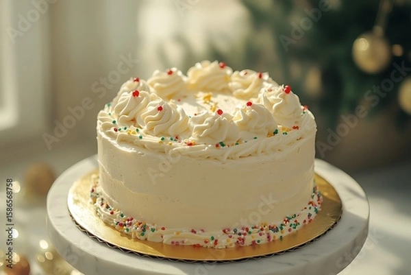 Fototapeta Close-up of festive birthday cake with colorful sprinkles and swirls of white frosting