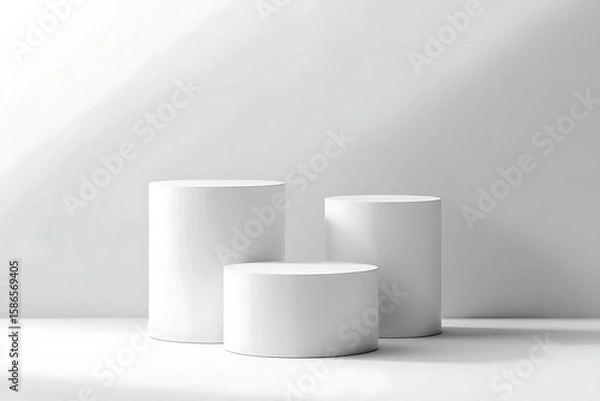 Fototapeta Three simple, white, cylindrical display stands arranged in a modern, minimalist setting against a light gray background