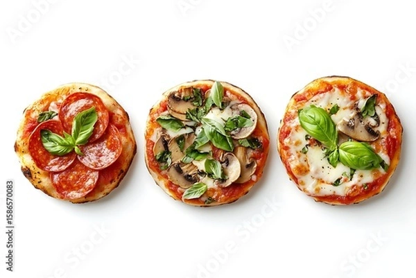 Fototapeta Three delectable mini pizzas with pepperoni and mushrooms presented on a pristine white background