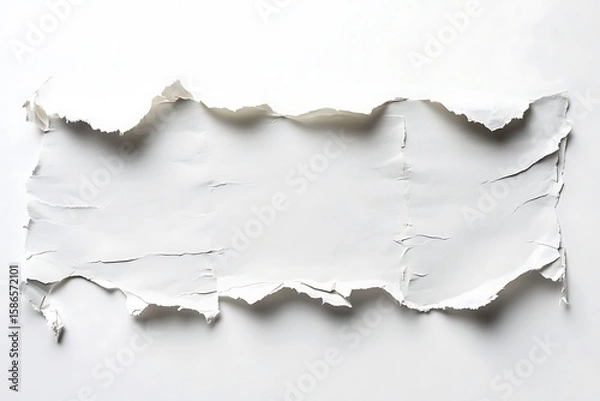 Fototapeta High-quality close-up of a piece of ripped white paper against a plain white background, showcasing texture and simplicity