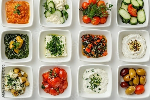 Fototapeta High-angle shot of various fresh Mediterranean appetizers in small white square bowls