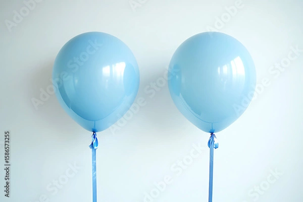 Fototapeta Two large, glossy light blue balloons with matching ribbons suspended against a plain white background