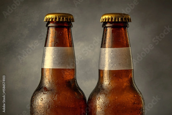 Fototapeta Close-up of two amber glass beer bottles, covered in condensation, set against a neutral gray background, ready for enjoyment