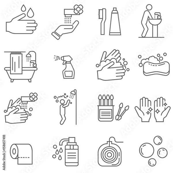 Fototapeta Set of hygiene Related Vector Line Icons. Includes such Icons as washing hands, soap, cleanliness, bath, shower, cotton swabs, toilet paper, shampoo, toothpaste, dental floss