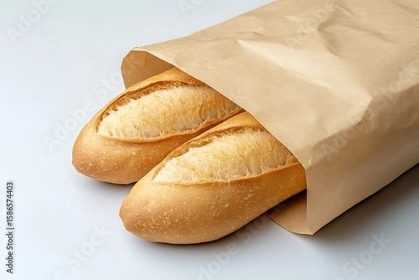Fototapeta Two artisanal baguettes, golden brown and crusty, nestled in a crumpled brown paper bag