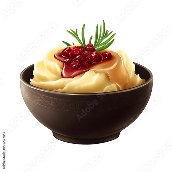 Fototapeta Creamy mashed potatoes with cranberry sauce and rosemary sprig on black background