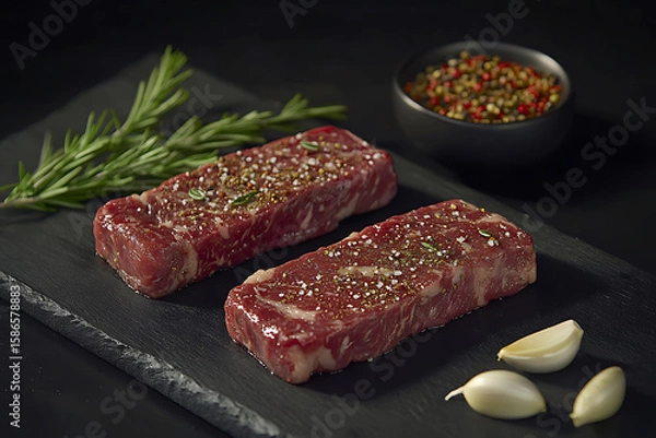 Fototapeta Two raw, seasoned beef steaks, likely ribeye or filet mignon, presented on a dark slate board, ready for grilling