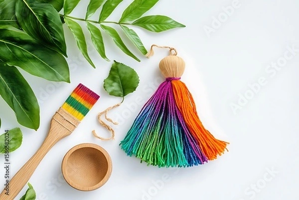 Fototapeta Flat lay featuring a vibrant rainbow tassel, a natural wooden utensil, and fresh green leaves on a white background