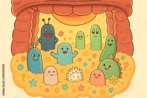 Obraz Colorful cartoon characters perform on a whimsical stage intestine microflora probiotic microbe bacteria