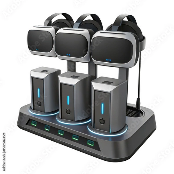 Fototapeta Multi vr headset charging station with controllers isolated on transparent background