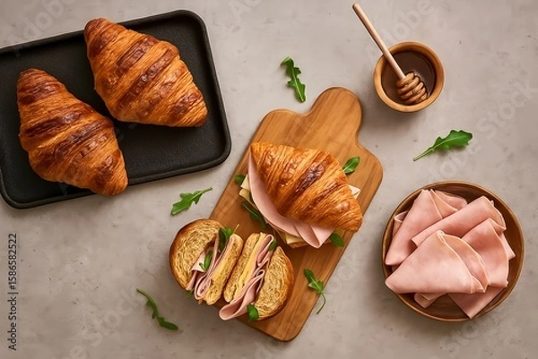 Obraz Freshly baked croissants placed on a black tray with sliced ham and honey for a delightful breakfast or brunch experience