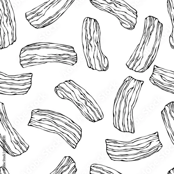 Fototapeta Pork Bacon Seamless. Isolated On a White Background. Realistic Doodle Cartoon Style Hand Drawn Sketch Vector Illustration. Food Pattern.