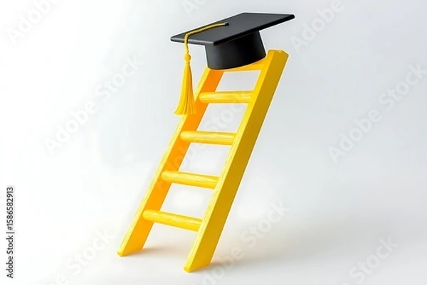 Fototapeta Graduation cap on a bright yellow ladder angled against a plain white background, symbolizing educational success