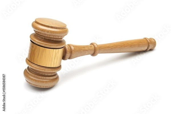 Fototapeta A high-angle, full shot of a polished wooden gavel resting on a matching wooden stand, symbolizing justice and authority