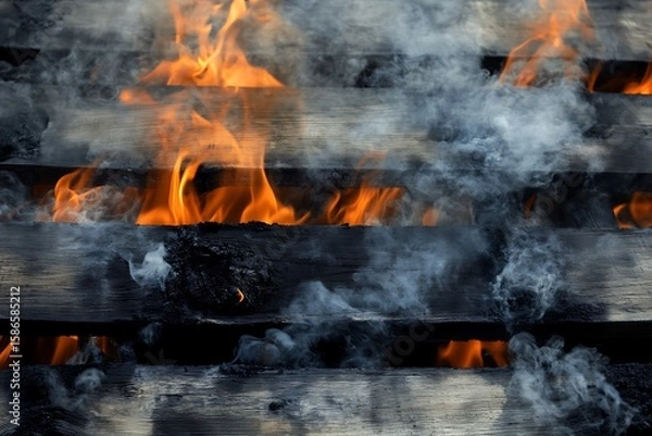 Fototapeta Close-up view of wooden pallets engulfed in flames, producing intense heat and thick smoke, creating a dramatic scene of fire