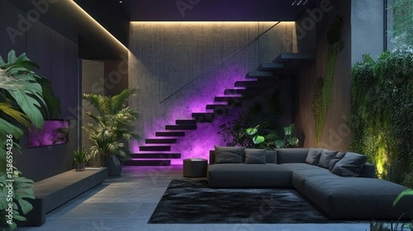 Obraz Modern living space with floating stairs, lush plants, and accent lighting