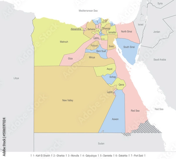 Fototapeta Detailed map of the country Egypt with administrative division into governorates or Muhafazah with borders of neighboring countries, vector illustration on white background.eps