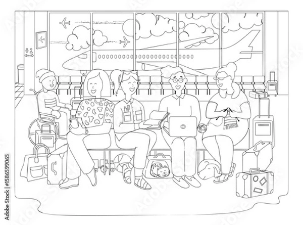 Fototapeta Coloring page. Scene at airport. People sitting on chairs of airport terminal waiting room. Men and women with suitcases and luggage wait for their plane to depart. Line vector illustration