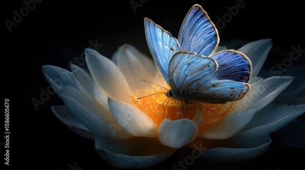 Fototapeta A vibrant blue butterfly rests upon a white lotus flower, softly illuminated in darkness