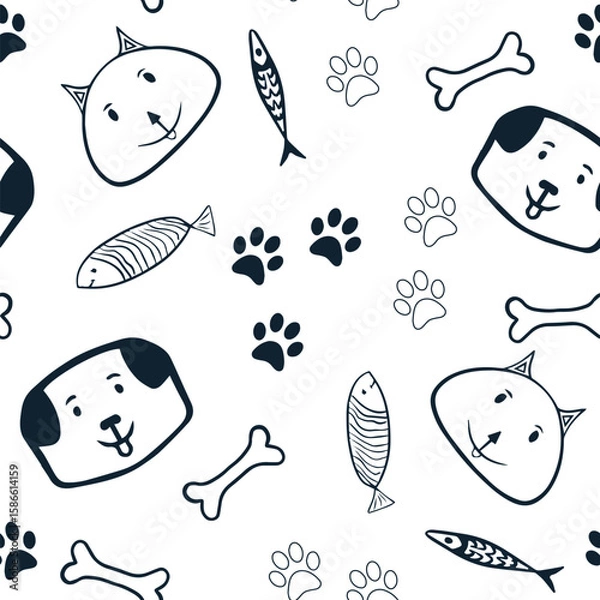 Fototapeta Seamless pattern cartoon dogs and cats. Animal head vector illustration on white isolated background. Funny pet seamless pattern. Template for fabric and textile, wallpaper, packaging.