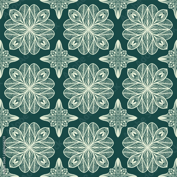 Fototapeta Floral lace seamless pattern on green background. Mandala oriental ornament. Traditional, ethnic, motifs. Vector design for printing on fabric or paper. Hand drawn background.